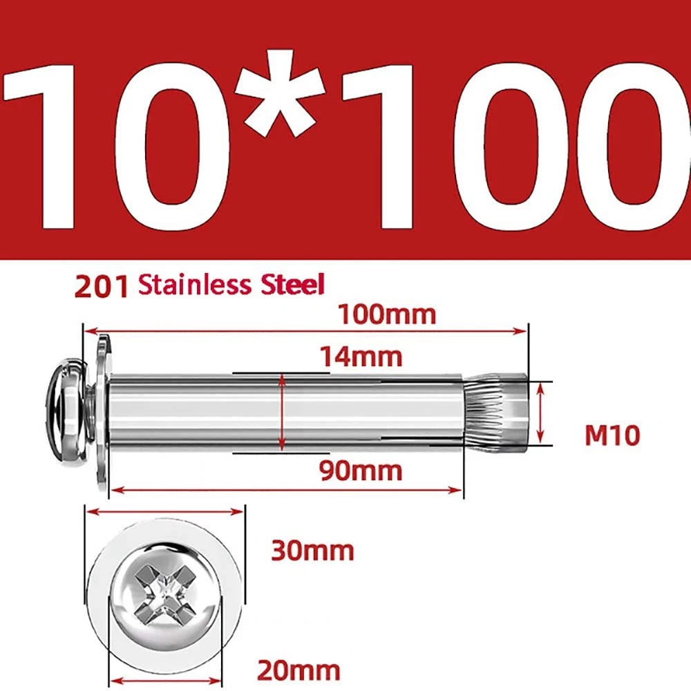 M6 M8 M10 Stainless Steel Expansion Screws — Round Head Phillips Drive, 40–100mm
