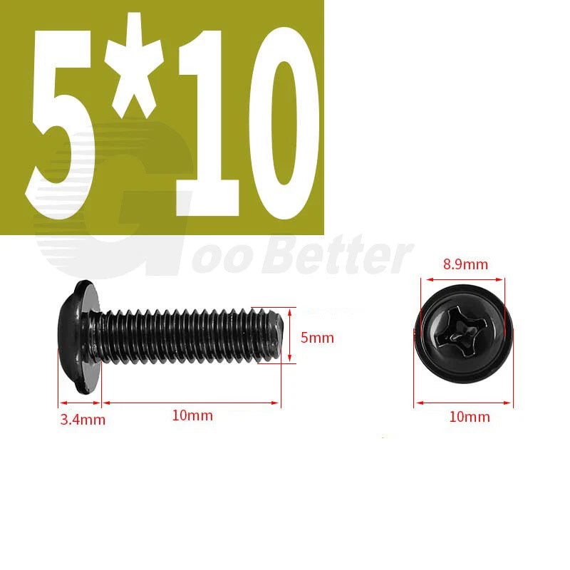 Black Zinc Flange Phillips Pan Head Machine Screws M1.4 M2 M2.5 M3 M4 M5 M6 — Washer-Free Metric Bolts