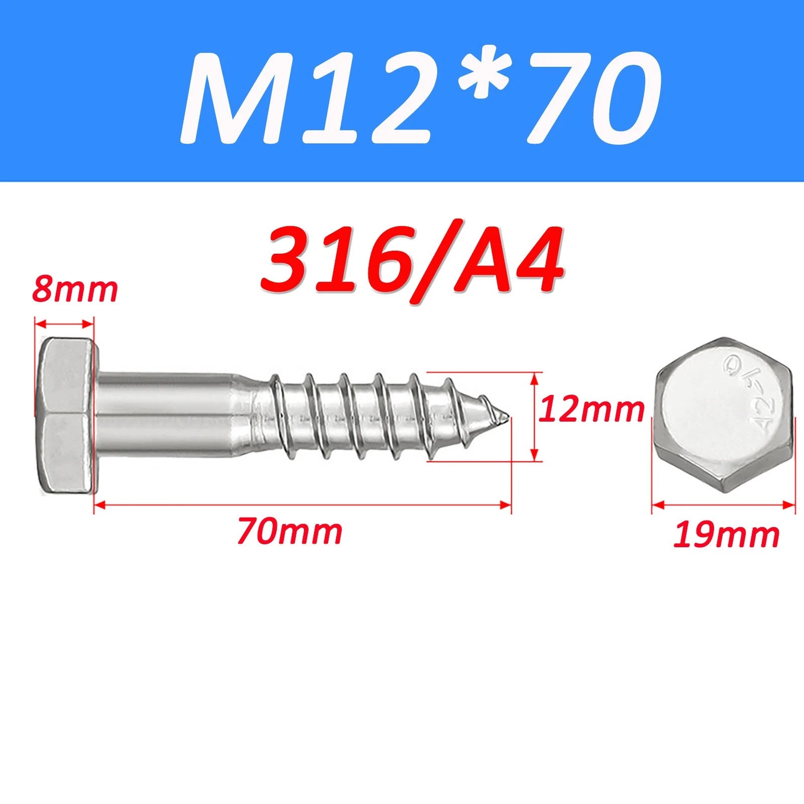 316 Stainless Steel Hex Head Lag Screws Marine Grade Wood Lag Bolts A4 Rustproof
