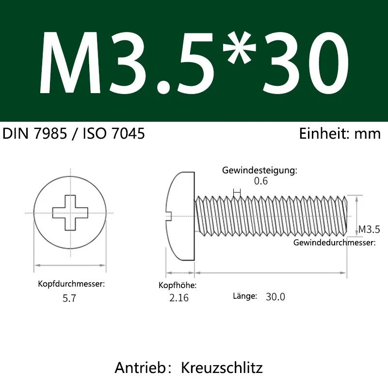 6063 Aluminium Phillips Pan Head Machine Screws DIN 7985 — M1.7 to M6 Metric