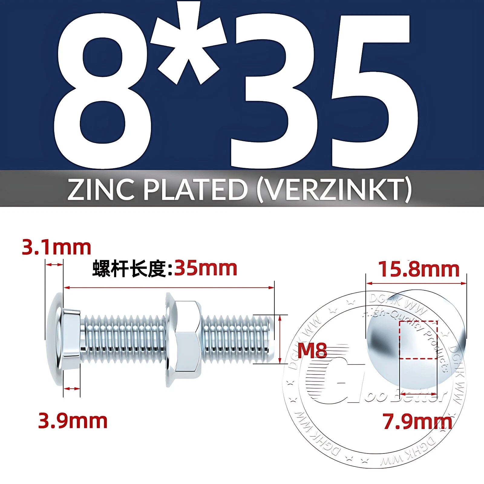 Cup Square Carriage Bolts with Hex Nut — Zinc Plated, M4 to M12