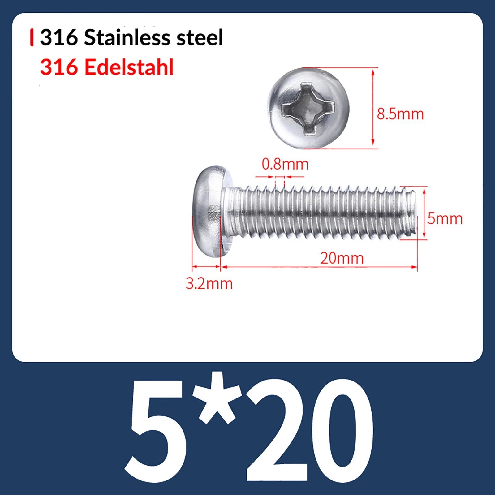 M2 M3 M4 M5 M6 M8 A4 Stainless Steel Phillips Pan Head Machine Screws – DIN 7985, Fully Threaded (4–80mm)
