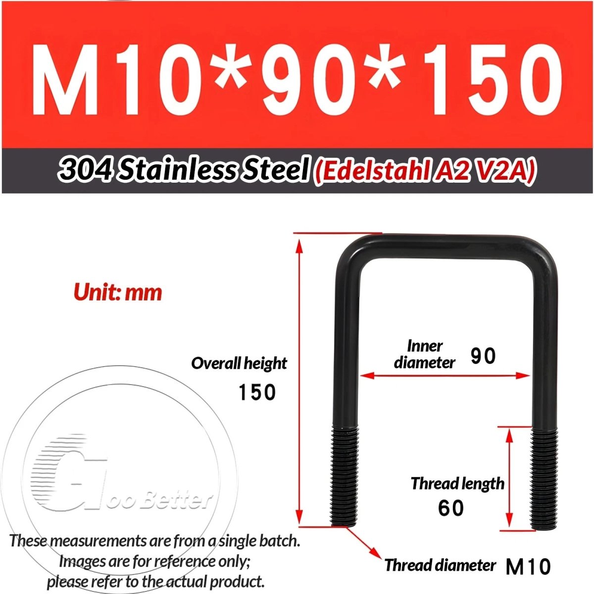 Black Square U - Bolts 304 Stainless Steel Fixing Clamp — M6 M8 M10 - HomeDIYer