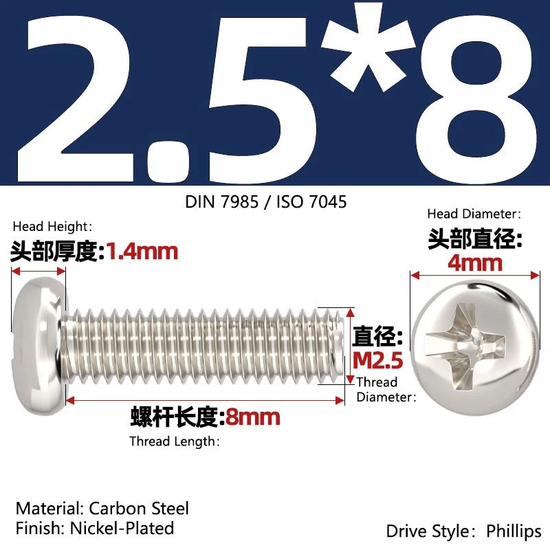 Nickel Plated Pan Head Phillips Machine Screws – ISO 7045, M1 to M4, Corrosion Resistant