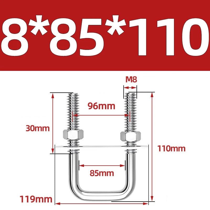 M8 Square U - Bolts Stainless Steel A2 with Plates and Nuts — Multiple Sizes - HomeDIYer
