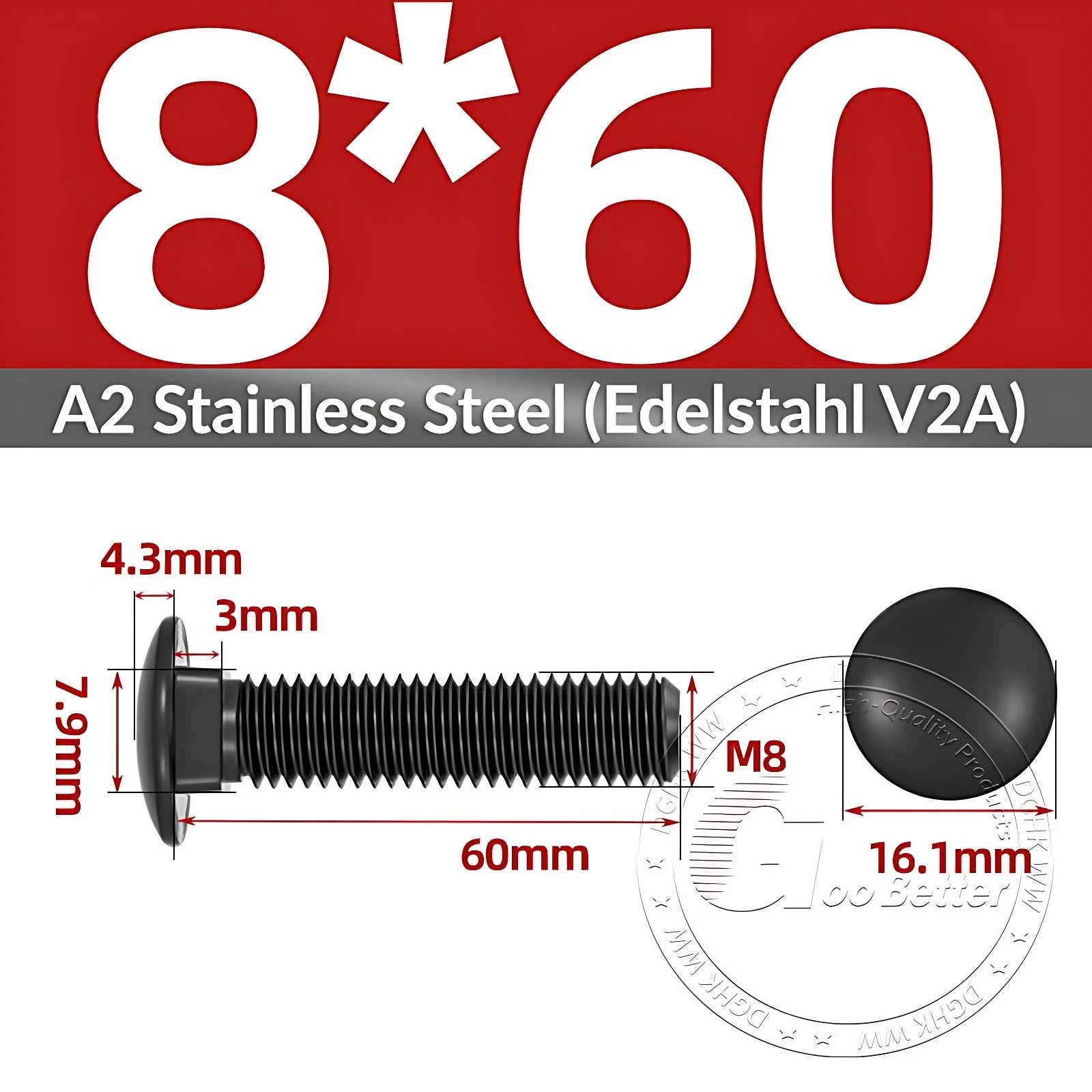 Black Stainless Steel Carriage Bolts M3–M12 | A2 Cup Square Dome Screws