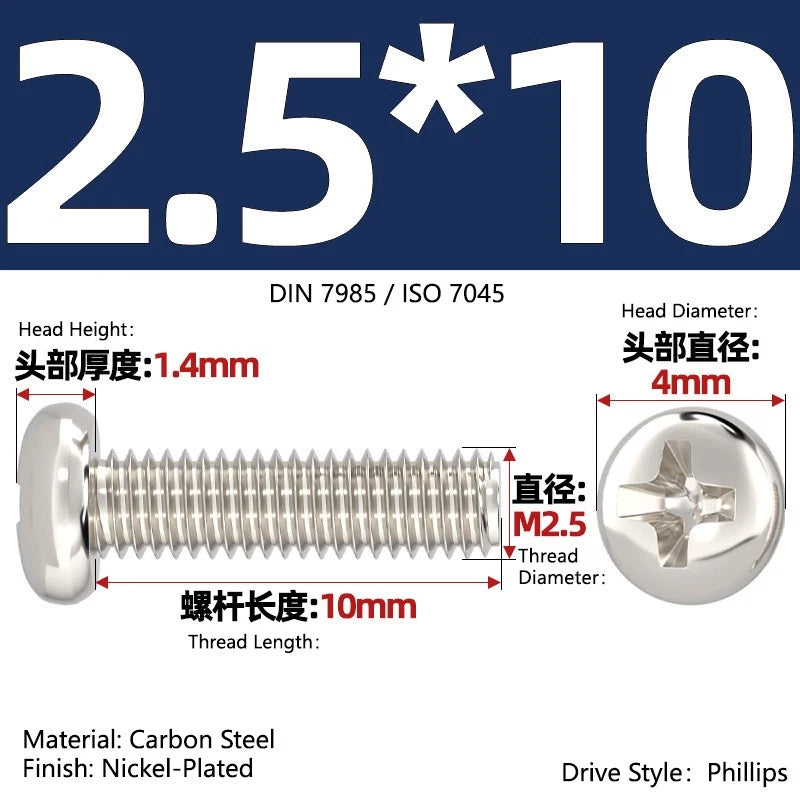 Nickel Plated Pan Head Phillips Machine Screws – ISO 7045, M1 to M4, Corrosion Resistant
