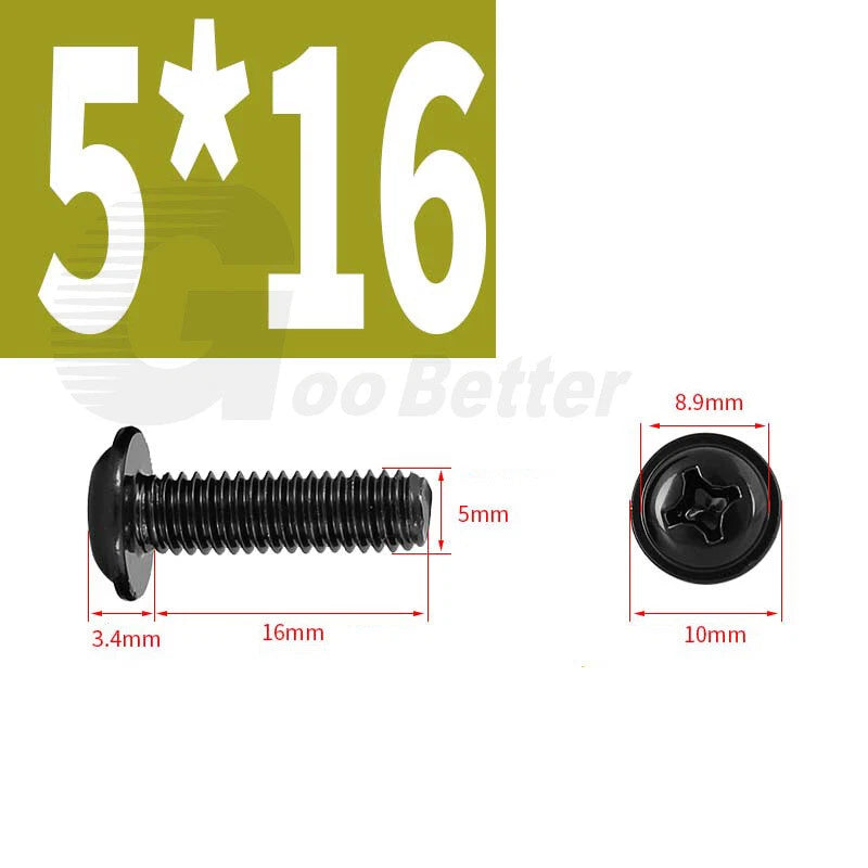 Black Zinc Flange Phillips Pan Head Machine Screws M1.4 M2 M2.5 M3 M4 M5 M6 — Washer-Free Metric Bolts