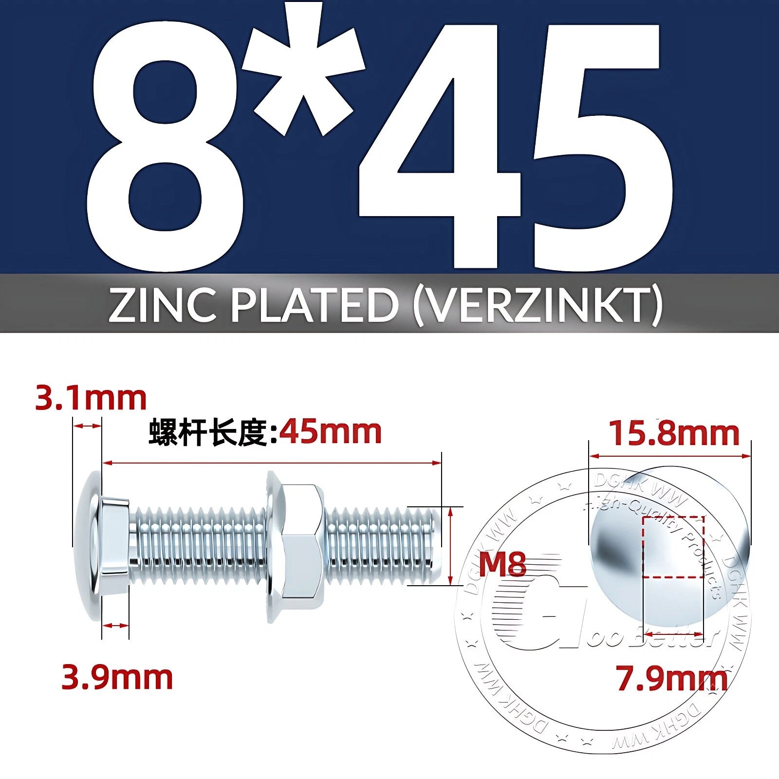Cup Square Carriage Bolts with Hex Nut — Zinc Plated, M4 to M12
