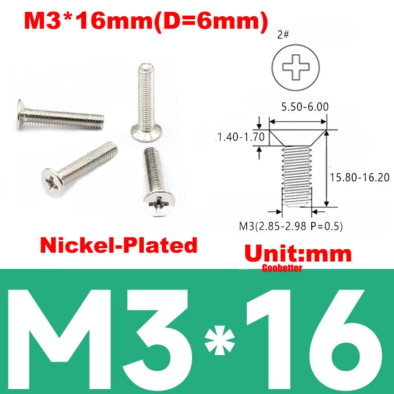 KM3 Phillips Countersunk Machine Screws – M3 x 3–18mm, Carbon or 304 Stainless, Multiple Finishes (Cross Flat Head)