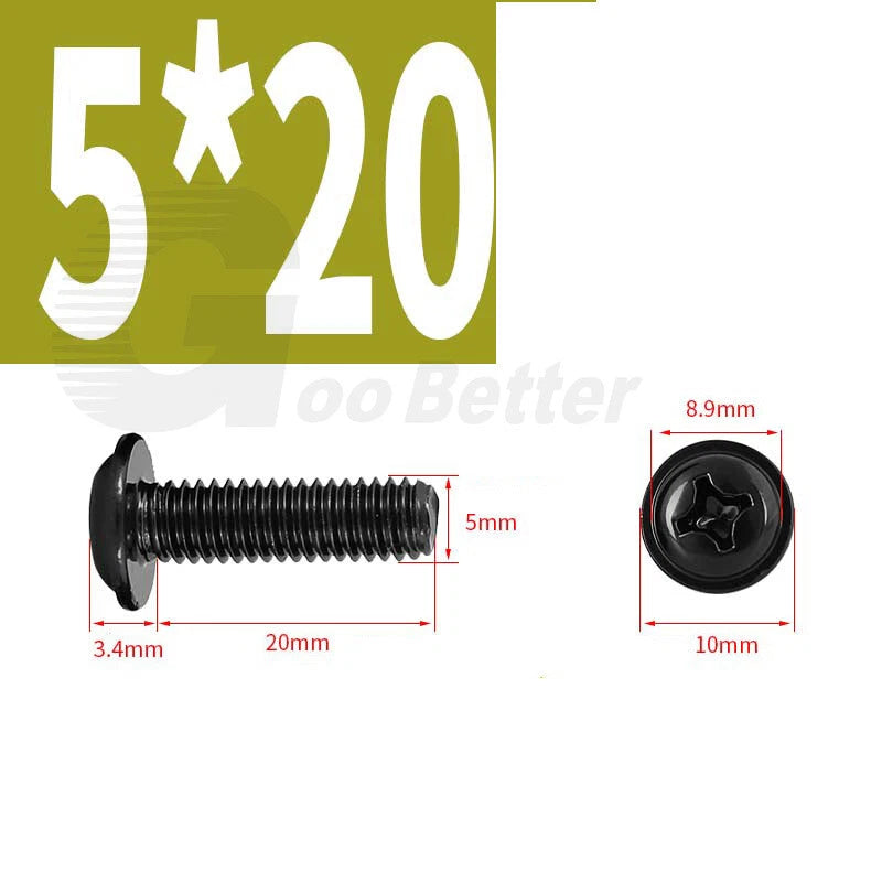 Black Zinc Flange Phillips Pan Head Machine Screws M1.4 M2 M2.5 M3 M4 M5 M6 — Washer-Free Metric Bolts