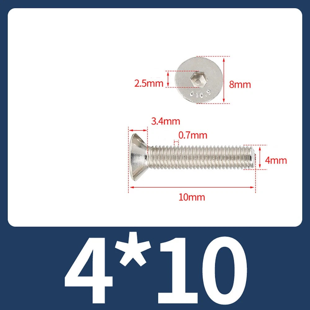 Grade 10.9 Alloy Steel Countersunk Socket Head Screws — M1.6 to M4, 10–500 Pcs