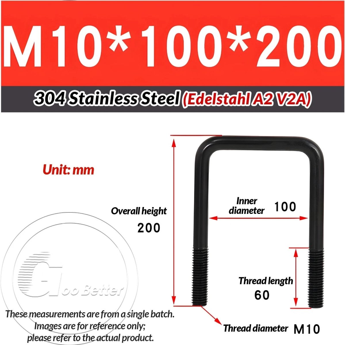Black Square U - Bolts 304 Stainless Steel Fixing Clamp — M6 M8 M10 - HomeDIYer