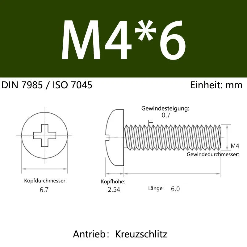 6063 Aluminium Phillips Pan Head Machine Screws DIN 7985 — M1.7 to M6 Metric