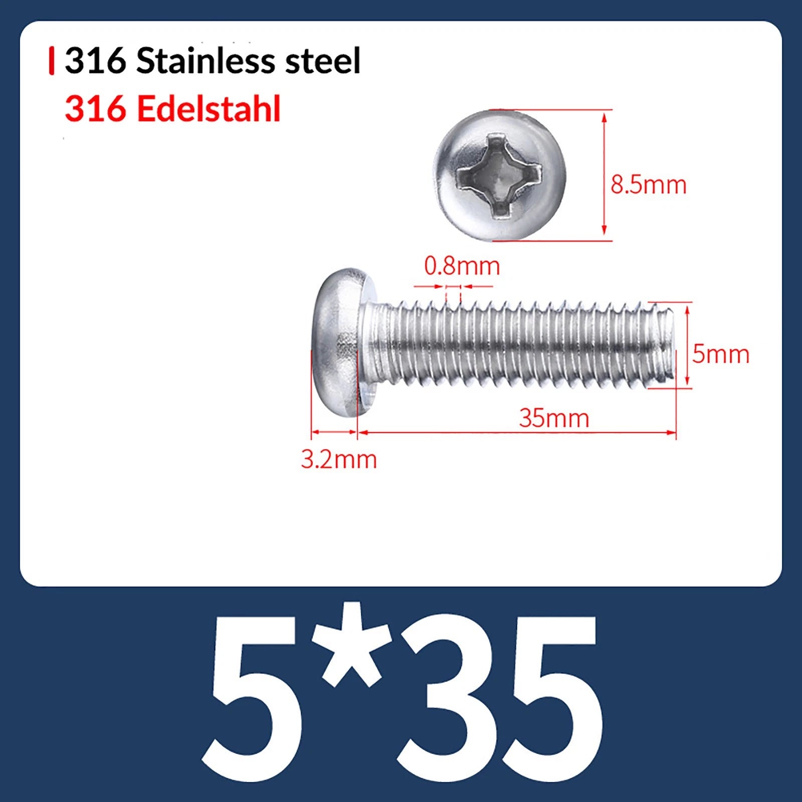 M2 M3 M4 M5 M6 M8 A4 Stainless Steel Phillips Pan Head Machine Screws – DIN 7985, Fully Threaded (4–80mm)