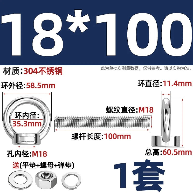 A2 Stainless Steel Lifting Eye Bolts + Nuts & Washers M4 M5 M6 M8 M10 M12 to M24