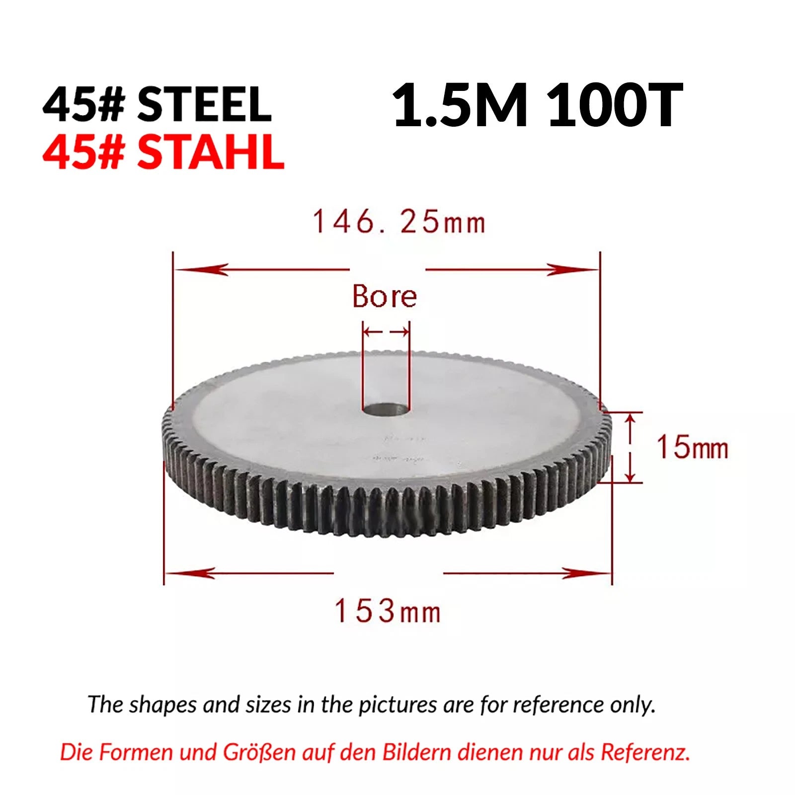 1/1.5/2 Mod 12T-150T Spur Gear 45# Steel Pinion Gear Thickn10-20mm Transmission