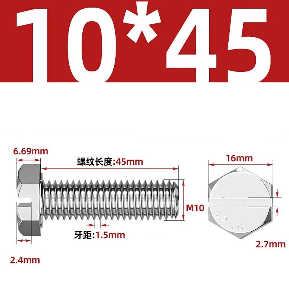 External Hex Slotted Machine Screws – A2 Stainless Steel, M4 to M16, Fully Threaded
