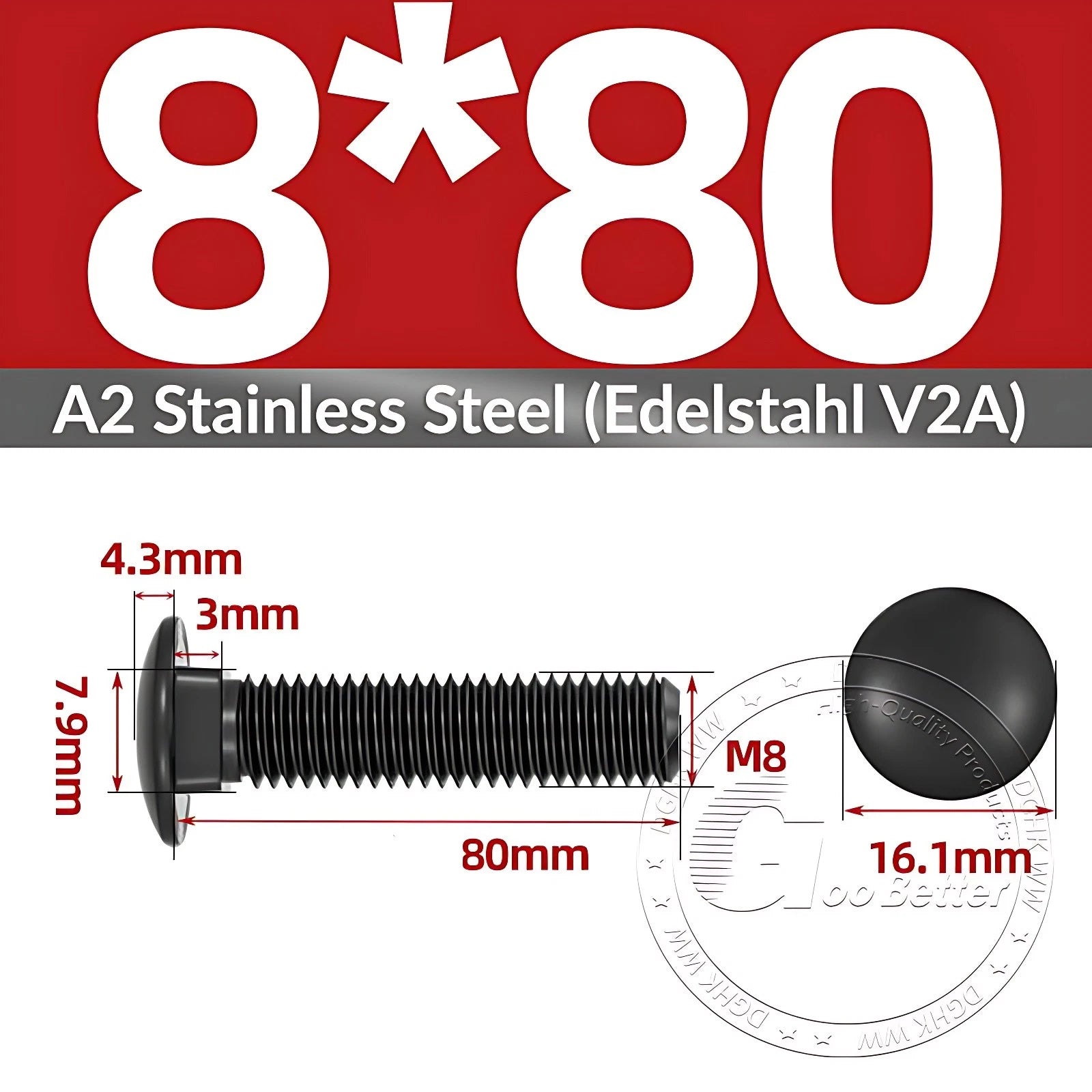 Black Stainless Steel Carriage Bolts M3–M12 | A2 Cup Square Dome Screws