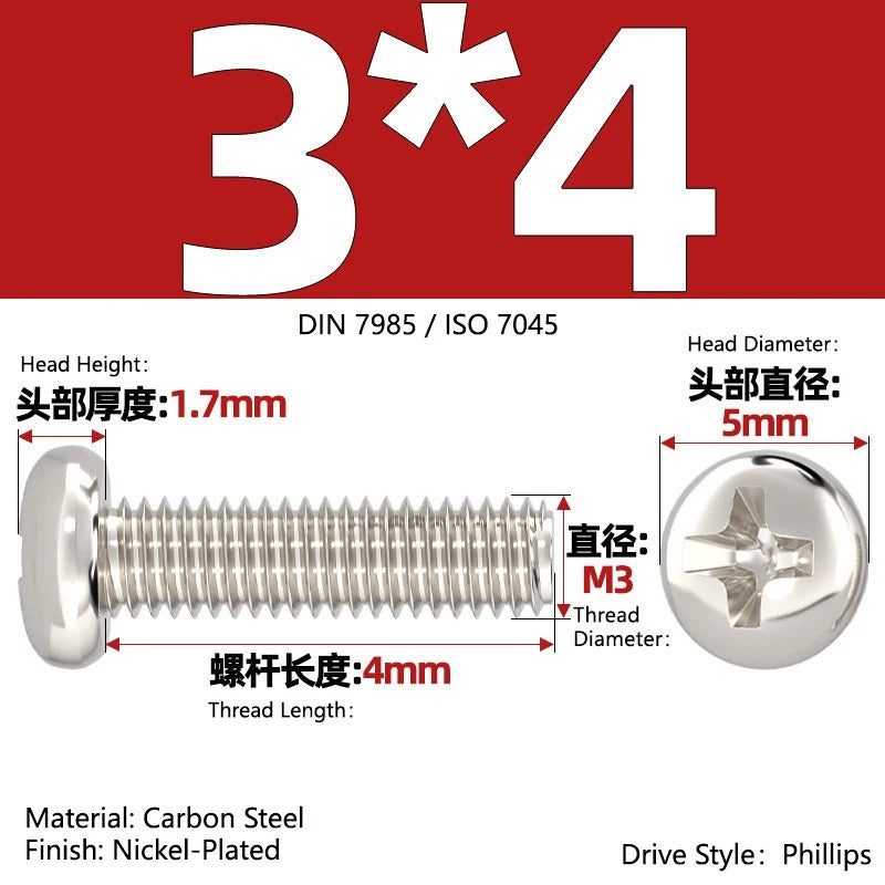 Nickel Plated Pan Head Phillips Machine Screws – ISO 7045, M1 to M4, Corrosion Resistant