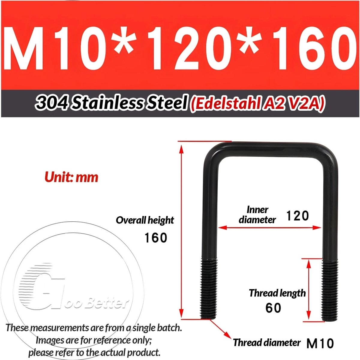 Black Square U - Bolts 304 Stainless Steel Fixing Clamp — M6 M8 M10 - HomeDIYer