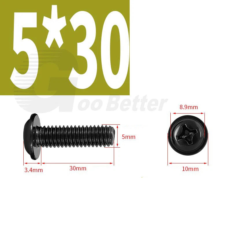 Black Zinc Flange Phillips Pan Head Machine Screws M1.4 M2 M2.5 M3 M4 M5 M6 — Washer-Free Metric Bolts