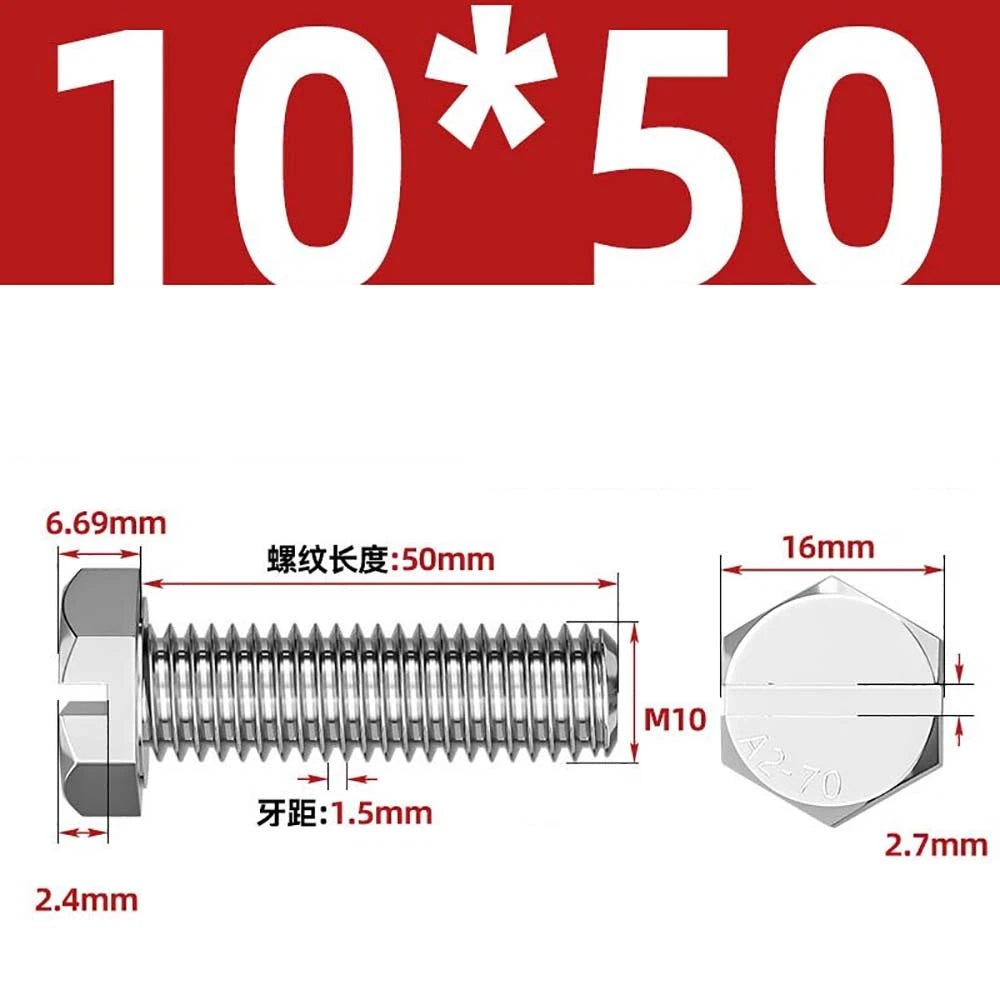 External Hex Slotted Machine Screws – A2 Stainless Steel, M4 to M16, Fully Threaded