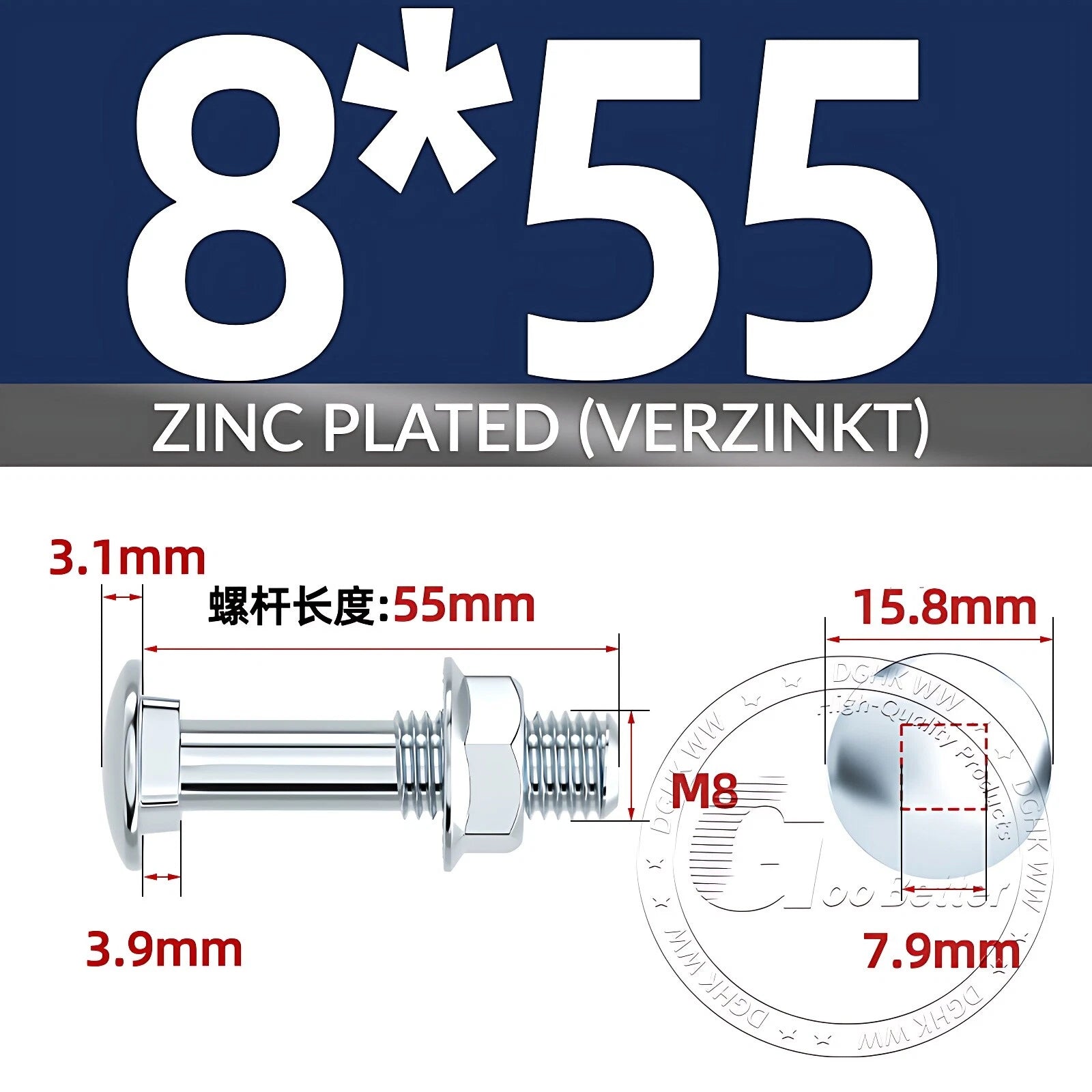 Cup Square Carriage Bolts with Hex Nut — Zinc Plated, M4 to M12