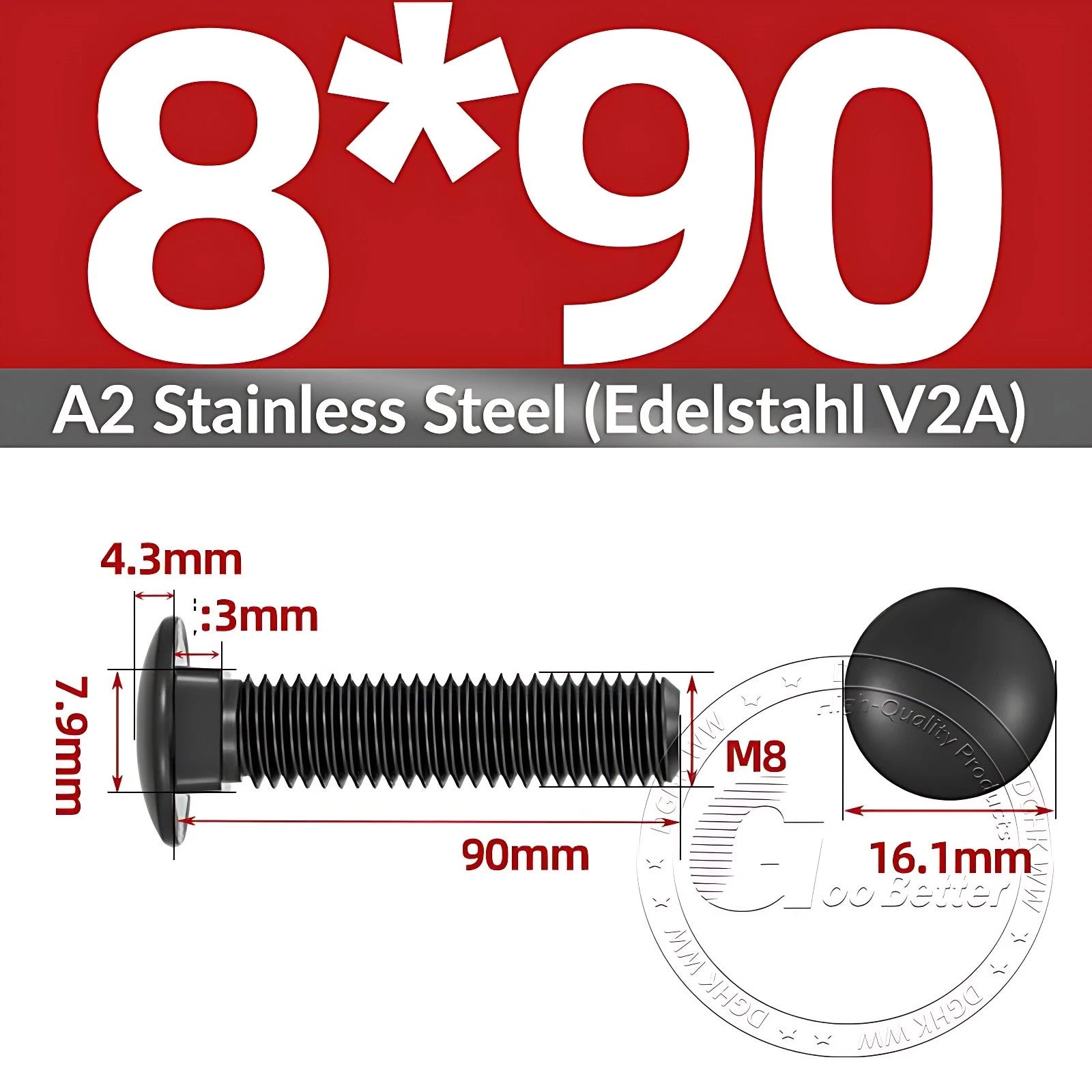 Black Stainless Steel Carriage Bolts M3–M12 | A2 Cup Square Dome Screws