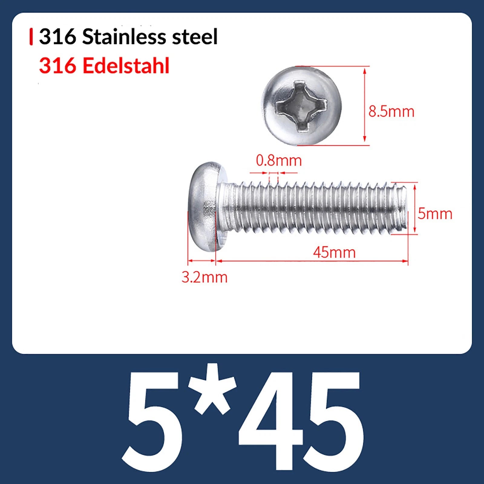 M2 M3 M4 M5 M6 M8 A4 Stainless Steel Phillips Pan Head Machine Screws – DIN 7985, Fully Threaded (4–80mm)