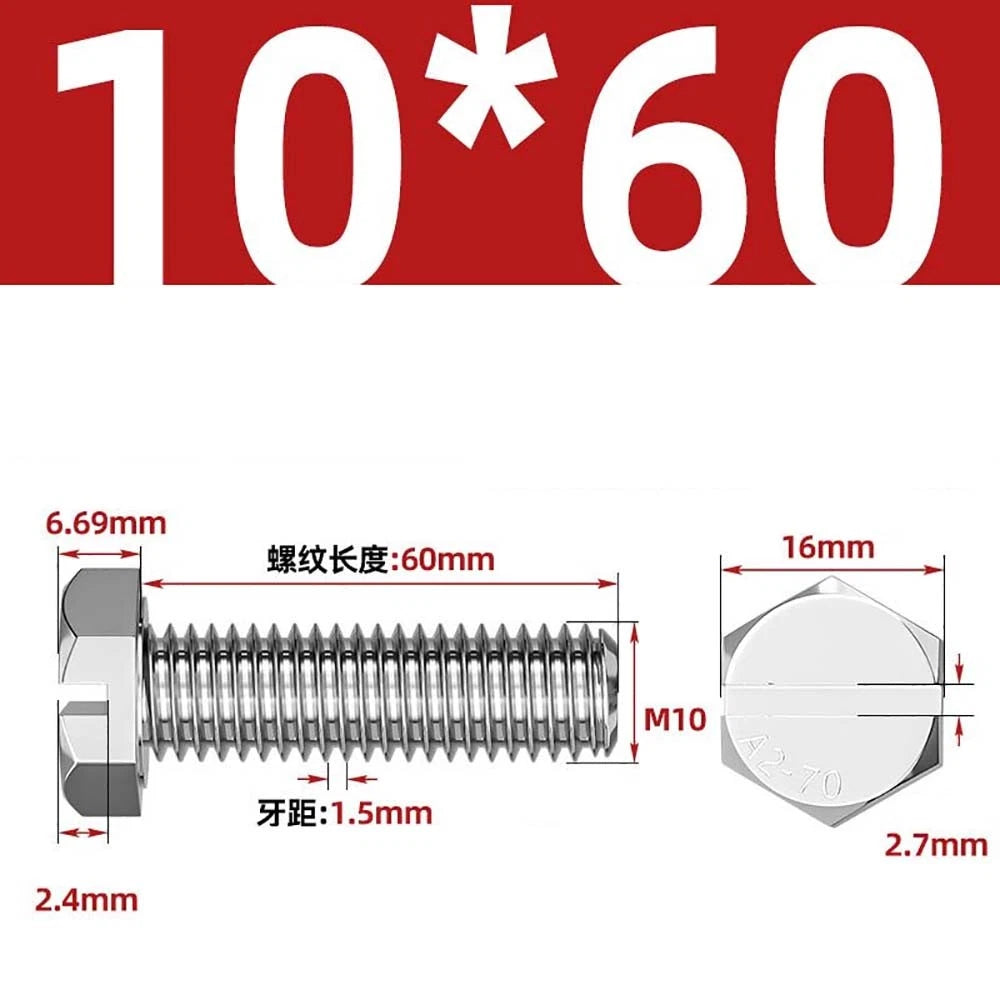 External Hex Slotted Machine Screws – A2 Stainless Steel, M4 to M16, Fully Threaded