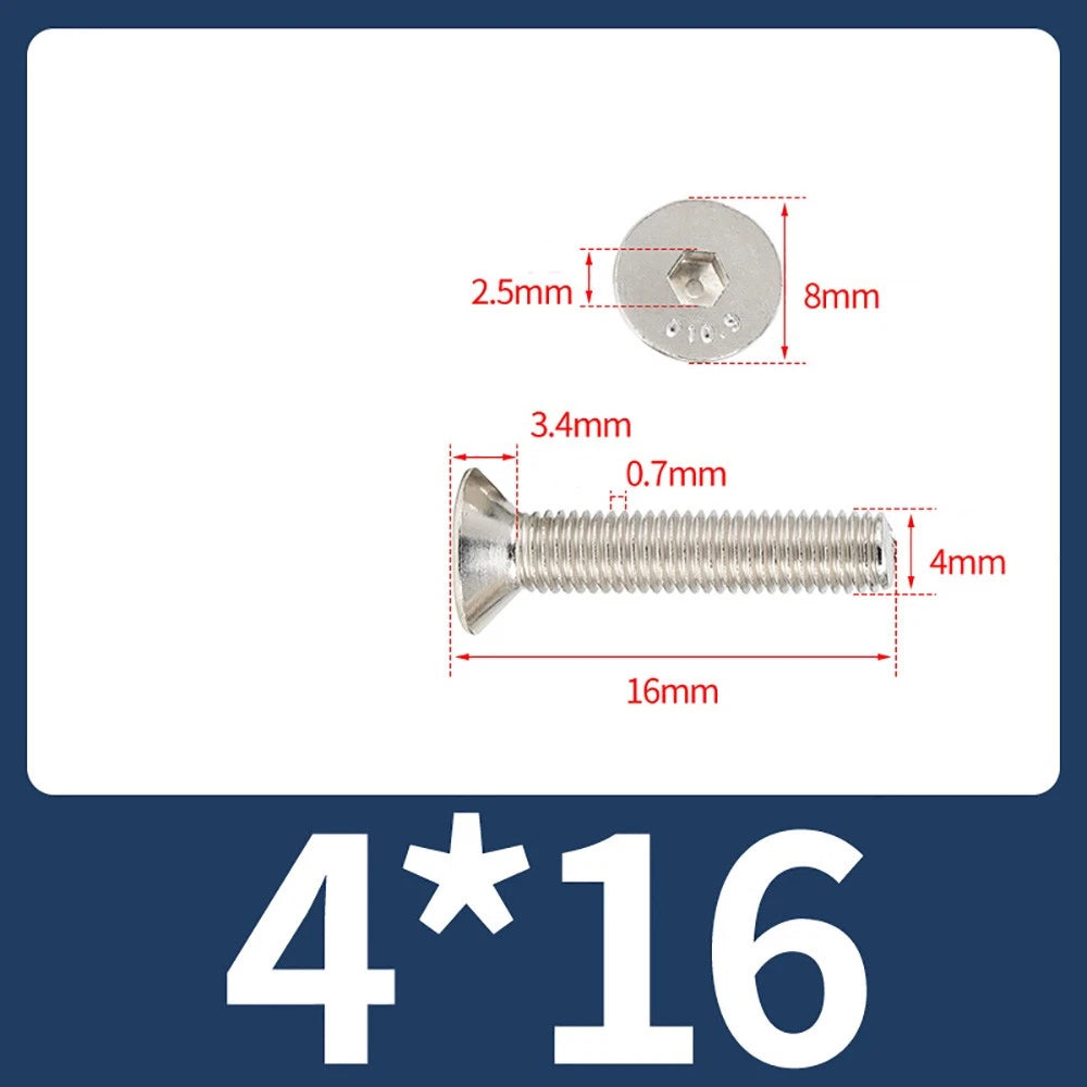 Grade 10.9 Alloy Steel Countersunk Socket Head Screws — M1.6 to M4, 10–500 Pcs