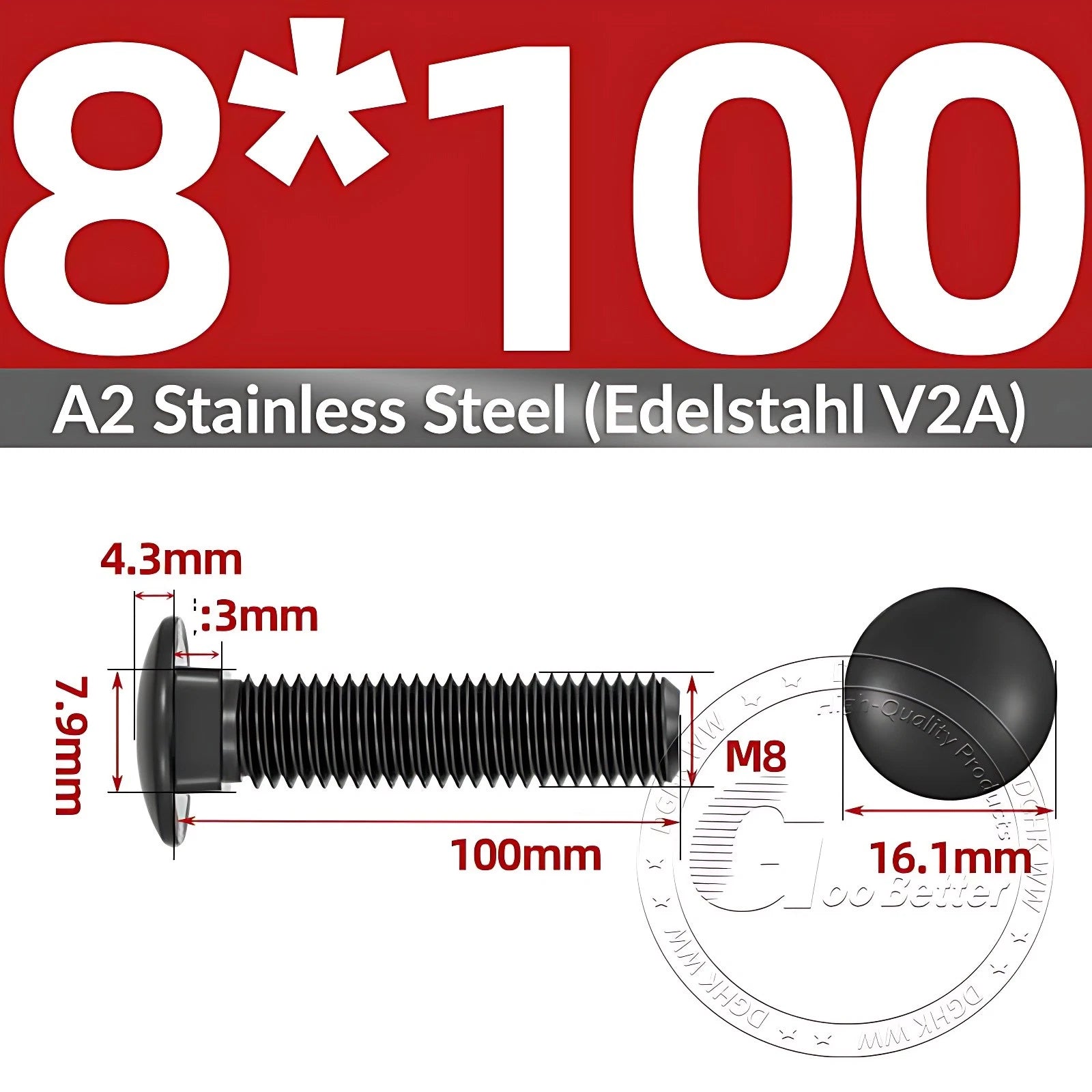 Black Stainless Steel Carriage Bolts M3–M12 | A2 Cup Square Dome Screws