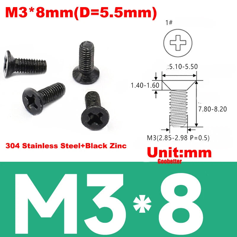 KM3 Phillips Countersunk Machine Screws – M3 x 3–18mm, Carbon or 304 Stainless, Multiple Finishes (Cross Flat Head)