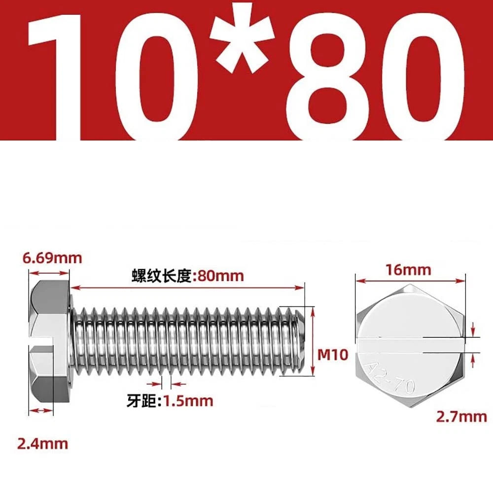 External Hex Slotted Machine Screws – A2 Stainless Steel, M4 to M16, Fully Threaded