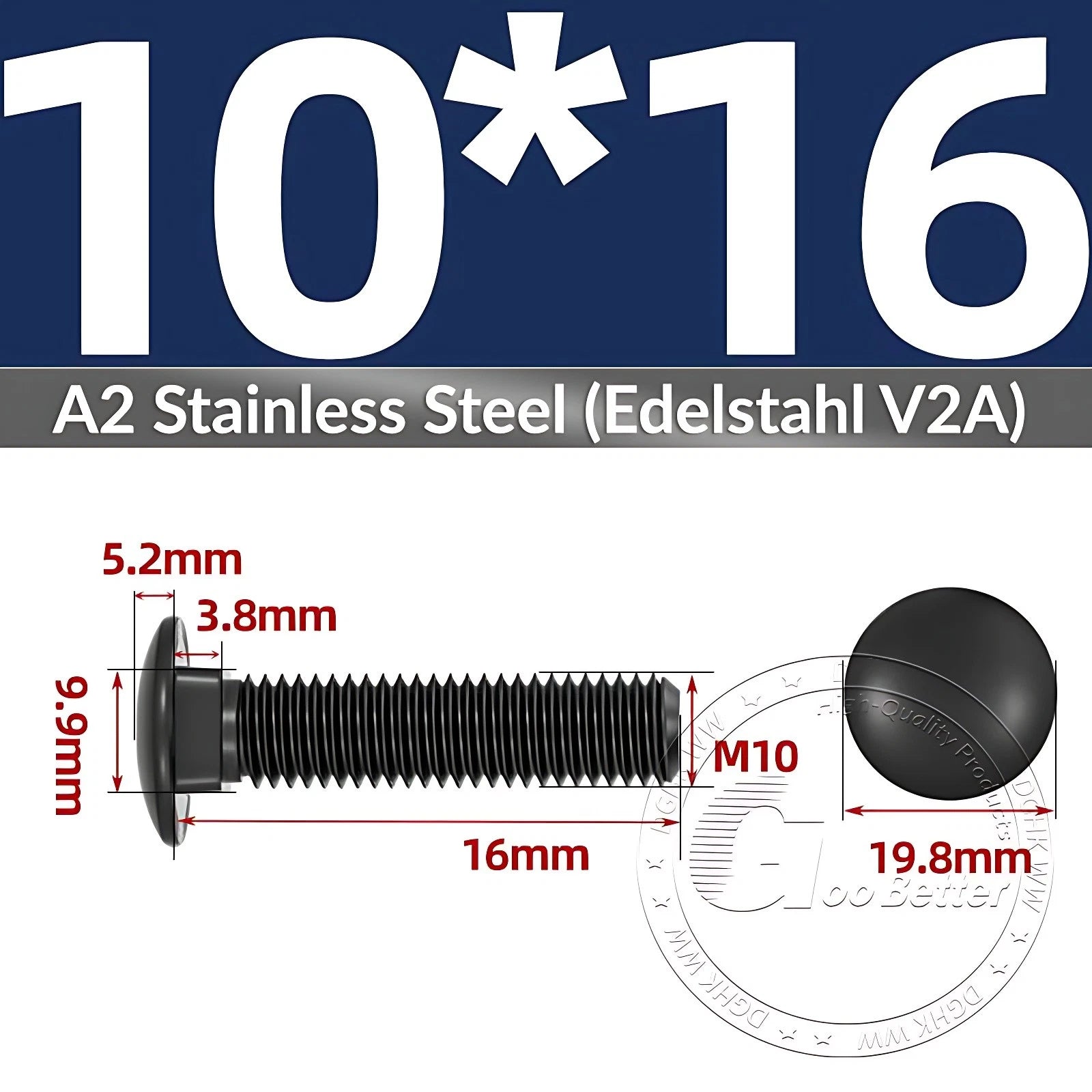 Black Stainless Steel Carriage Bolts M3–M12 | A2 Cup Square Dome Screws