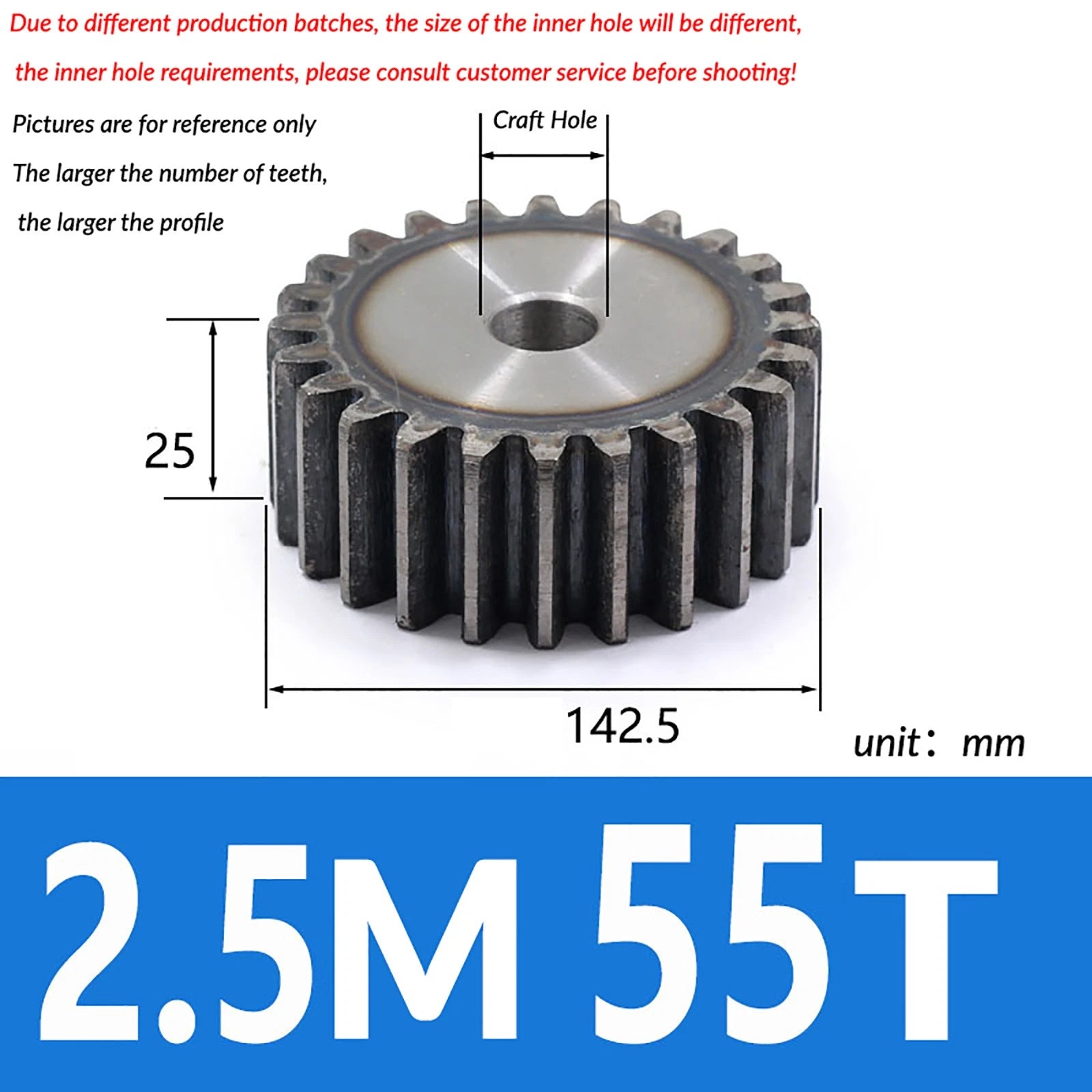 2.5 Mod 10T - 79T Spur Gear 45# Steel Pinion Gear Thickn 25MM Transmission Gear
