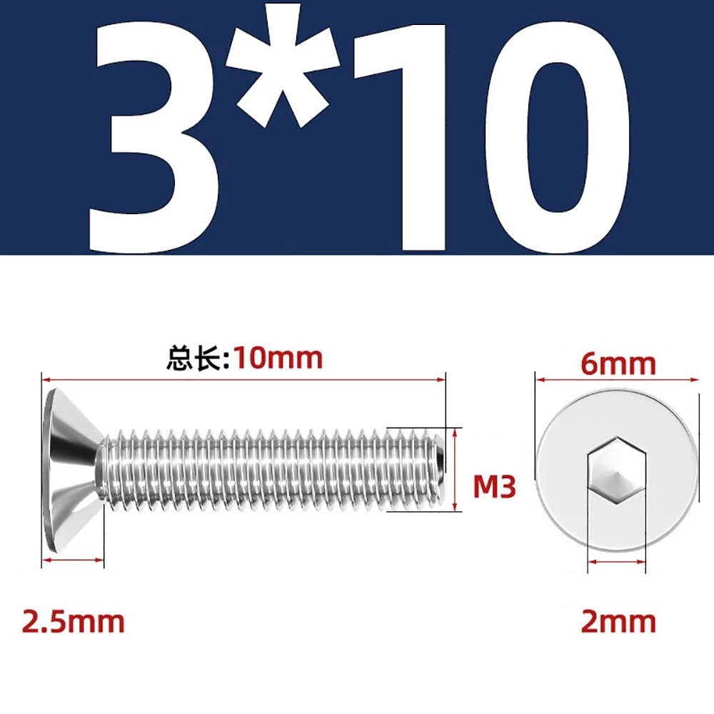Countersunk Hex Socket Screws – A2 Stainless Steel, M2 to M16, DIN 7991, Fully Threaded
