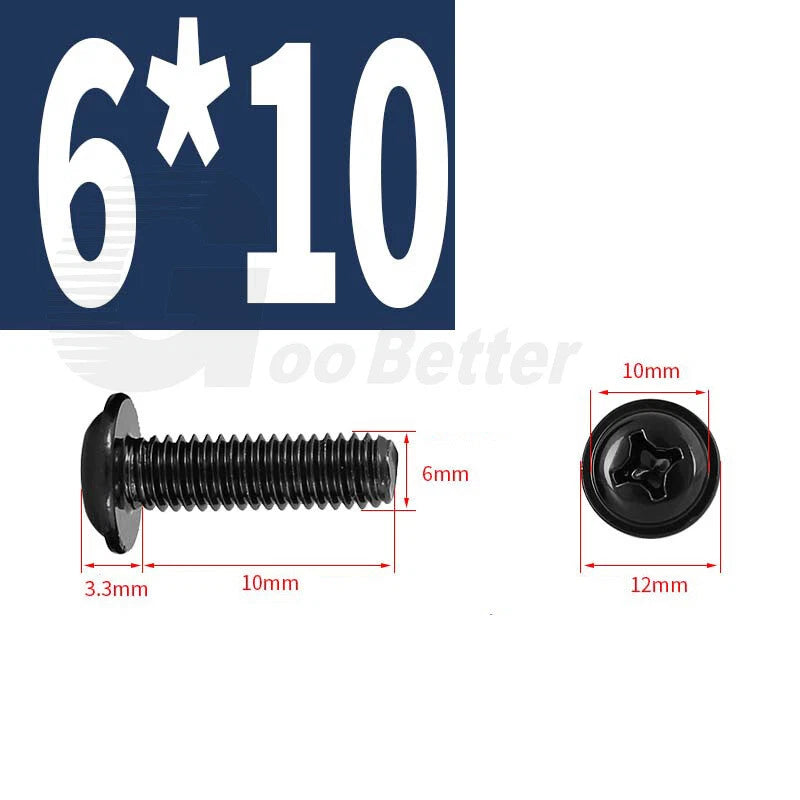 Black Zinc Flange Phillips Pan Head Machine Screws M1.4 M2 M2.5 M3 M4 M5 M6 — Washer-Free Metric Bolts