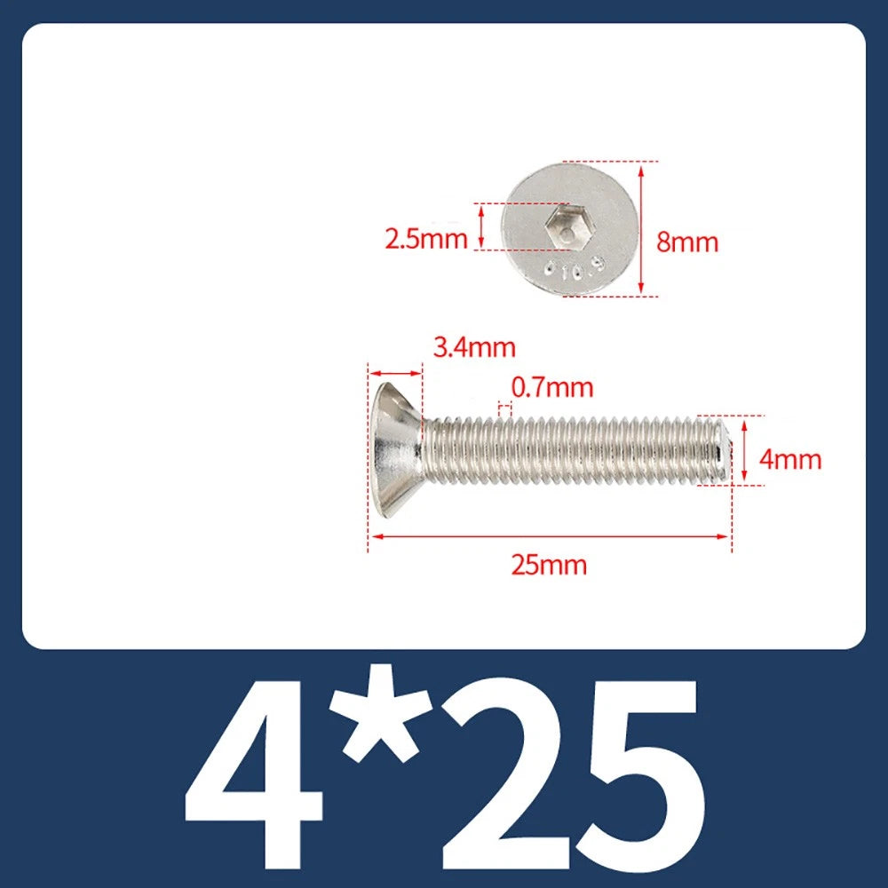 Grade 10.9 Alloy Steel Countersunk Socket Head Screws — M1.6 to M4, 10–500 Pcs