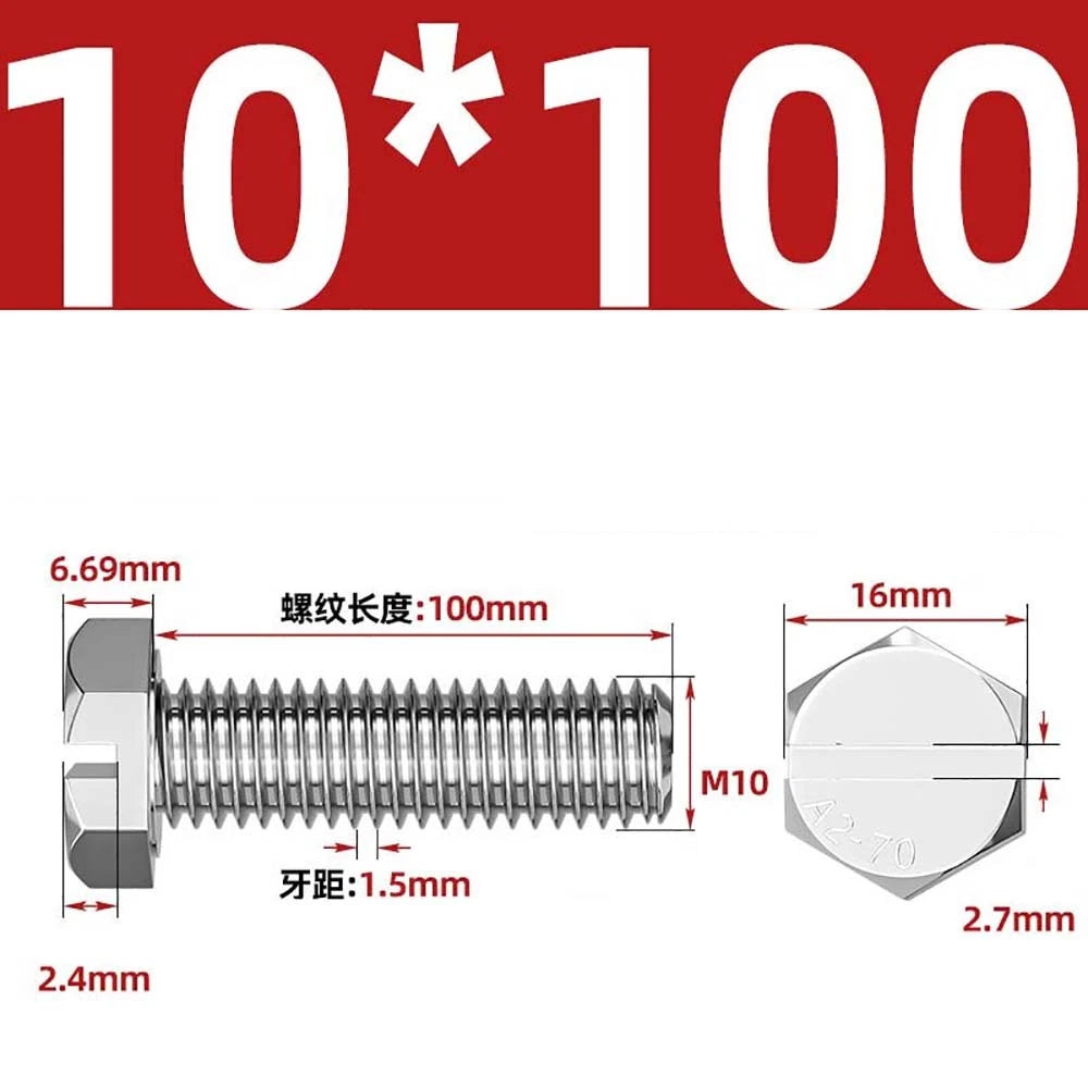 External Hex Slotted Machine Screws – A2 Stainless Steel, M4 to M16, Fully Threaded
