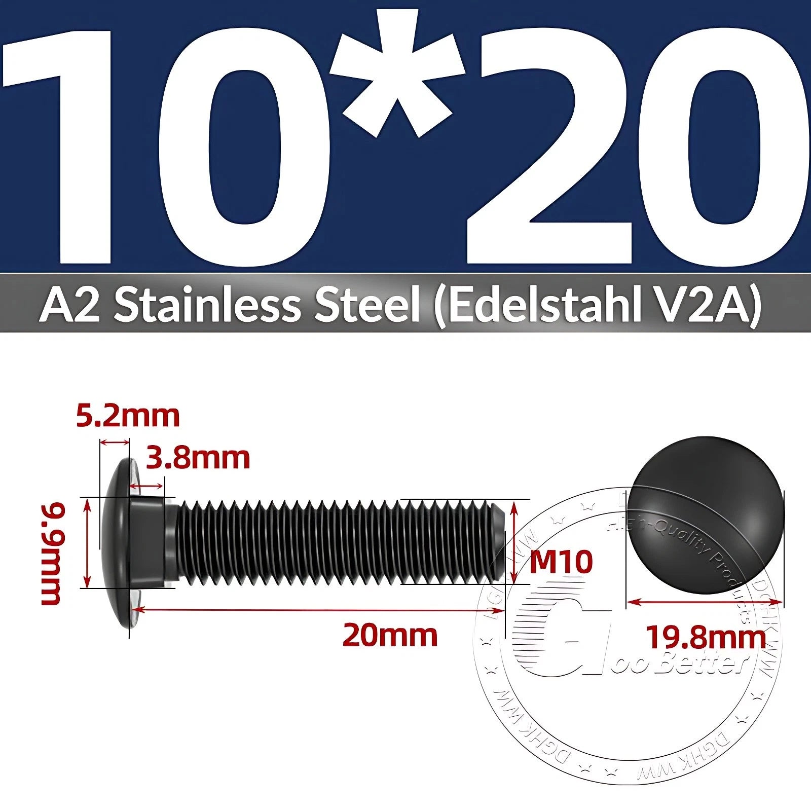 Black Stainless Steel Carriage Bolts M3–M12 | A2 Cup Square Dome Screws