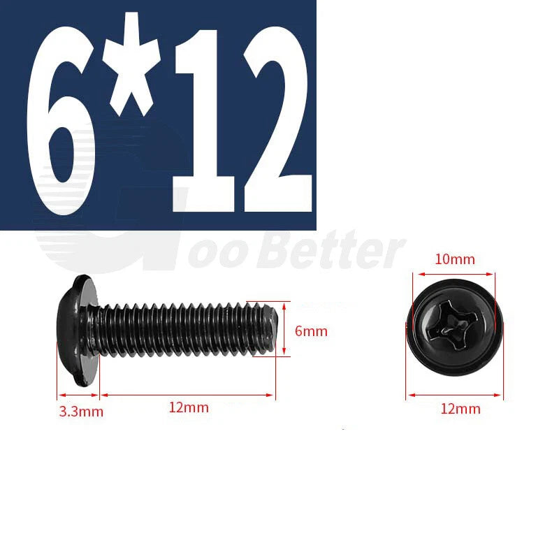 Black Zinc Flange Phillips Pan Head Machine Screws M1.4 M2 M2.5 M3 M4 M5 M6 — Washer-Free Metric Bolts