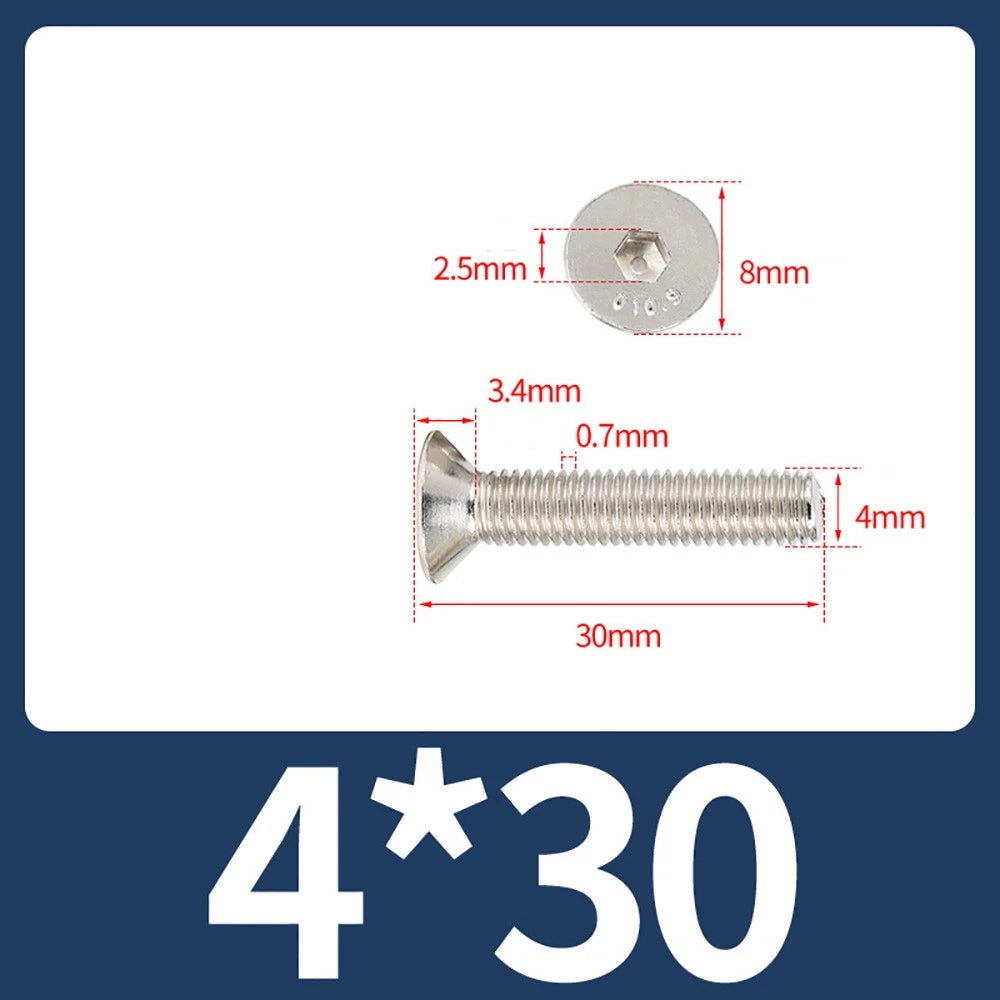 Grade 10.9 Alloy Steel Countersunk Socket Head Screws — M1.6 to M4, 10–500 Pcs
