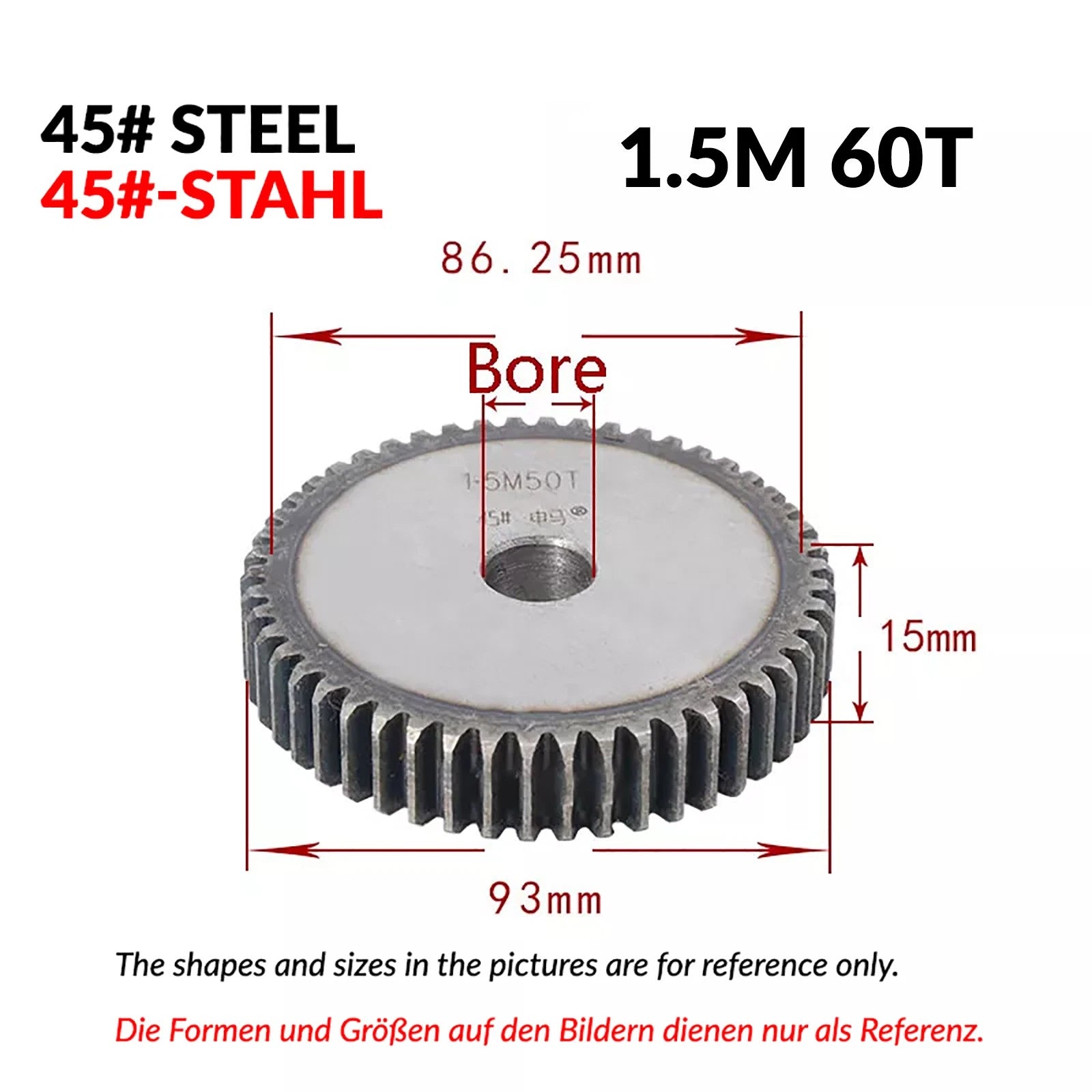 1.5 Mod 12/13/14/15/16/17/18/20-120T 45# Spur Gear Thickn 15mm Transmission Gear