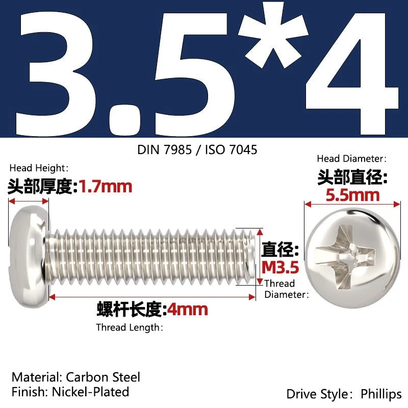 Nickel Plated Pan Head Phillips Machine Screws – ISO 7045, M1 to M4, Corrosion Resistant