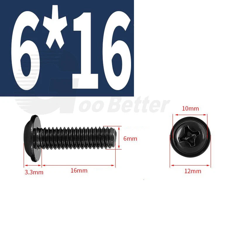 Black Zinc Flange Phillips Pan Head Machine Screws M1.4 M2 M2.5 M3 M4 M5 M6 — Washer-Free Metric Bolts