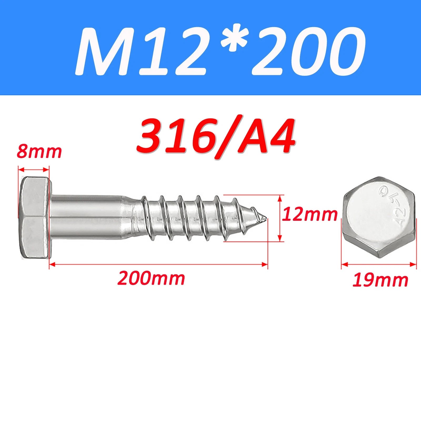 316 Stainless Steel Hex Head Lag Screws Marine Grade Wood Lag Bolts A4 Rustproof