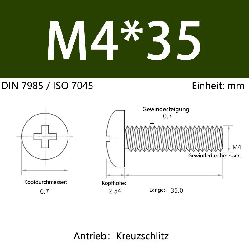 6063 Aluminium Phillips Pan Head Machine Screws DIN 7985 — M1.7 to M6 Metric