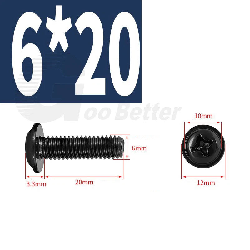 Black Zinc Flange Phillips Pan Head Machine Screws M1.4 M2 M2.5 M3 M4 M5 M6 — Washer-Free Metric Bolts